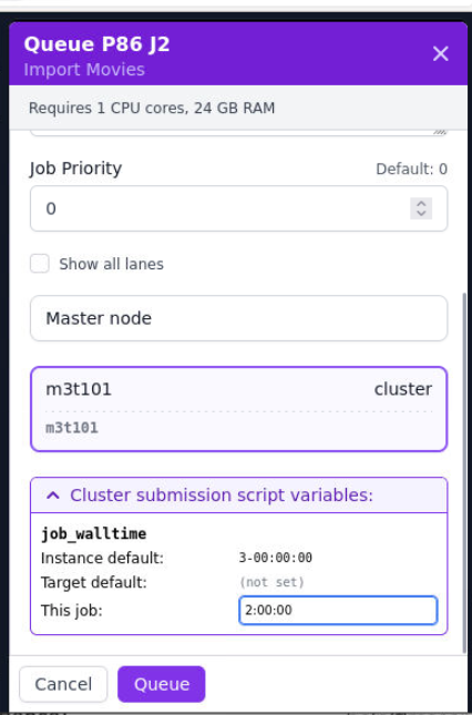 Screenshot of CryoSPARC queue submission with a time limit set